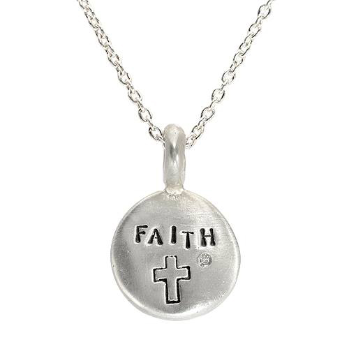 Sterling Silver Pendant Necklace - FAITH Inscription And CROSS Design, Single Birthstone